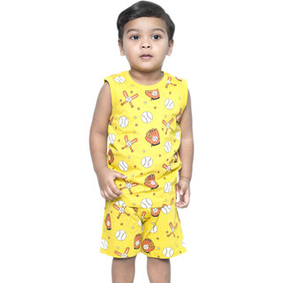 Kid Kupboard Cotton Baby Boys T-Shirt and Short Set, Yellow, Sleeveless, 3-4 Years KIDS6612