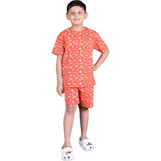 Kid Kupboard Cotton Boys T-Shirt and Short Set, Orange, Half-Sleeves, 8-9 Years KIDS6616