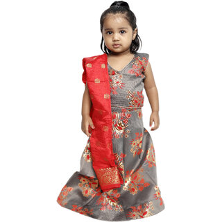 Kid Kupboard Cotton Baby Girls Ghagra, Choli and Dupatta Set, Grey, Sleeveless, 3-4 Years KIDS6622