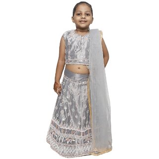 Kid Kupboard Cotton Girls Lehanga, Choli and Dupatta Set, Grey, Sleeveless, 6-7 Years KIDS6632