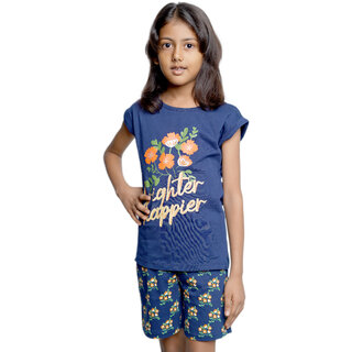 Kid Kupboard Cotton Girls T-Shirt and Short Set, Blue, Half Sleeves, 7-8 Years KIDS6634