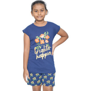 Kid Kupboard Cotton Girls T-Shirt and Short Set, Blue, Half Sleeves, 9-10 Years KIDS6636