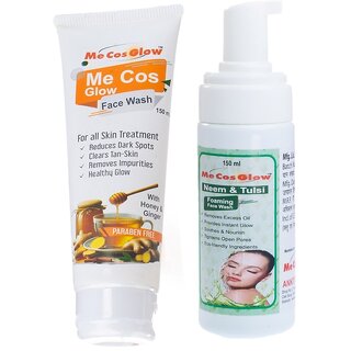 Me Cos Glow Honey Ginger Face Wash  Neem Tulsi Face Wash - Purifying Cleanser For Skin, 150ml Each, Pack of 2 (Combo)