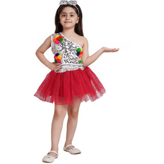 Kaku Fancy Dresses Silver Princess Top With Magenta Net Skirt  Hairband - Silver/Magenta, For Girls