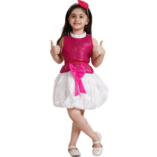 Kaku Fancy Dresses White Princess Skirt With Rani Top  Hairband - White/Rani, For Girls