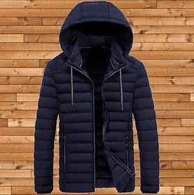 Fashlook Puffer Solid Full Sleeve Navy Blue Jacket for Mens