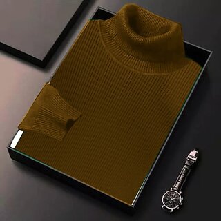 Fashlook Mens Brown Solid High Neck Full Sleeve Sweatshirt