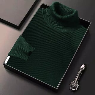 Fashlook Mens Green Solid High Neck Full Sleeve Sweatshirt