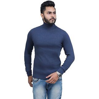 Fashlook Mens Blue Solid High Neck Full Sleeve Sweatshirt