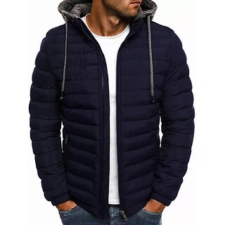 Fashlook Puffer Solid Full Sleeve Navy Blue Jacket for Mens