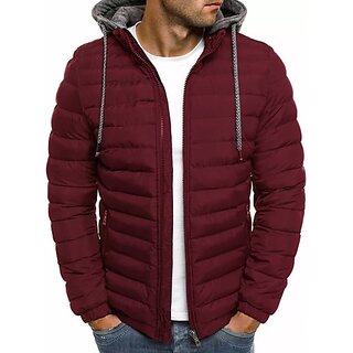 Fashlook Puffer Solid Full Sleeve Maroon Jacket for Mens