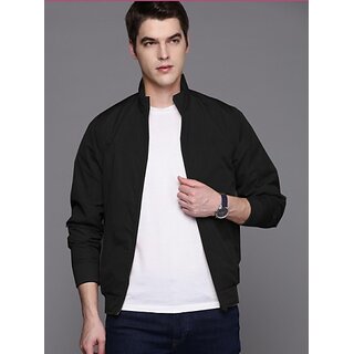 Fashlook Bomber Solid Full Sleeve Black Jacket for Mens