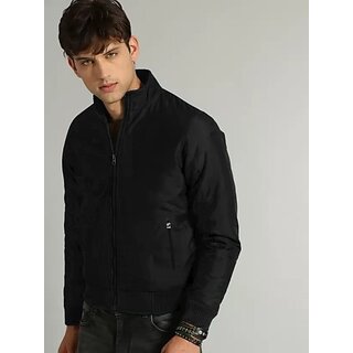 Fashlook Bomber Solid Full Sleeve Black Jacket for Mens