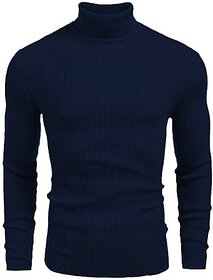 Fashlook Striped High Neck Wool Blend Casual Blue Full Sleeve T-Shirt For Mens