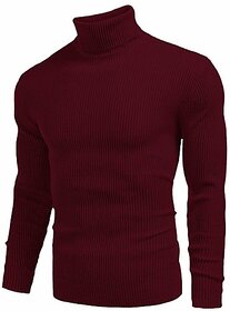 Fashlook Striped High Neck Cotton Blend Casual Maroon Full Sleeve T-Shirt For Mens