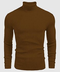 Fashlook Striped High Neck Wool Blend Casual Brown Full Sleeve T-Shirt For Mens