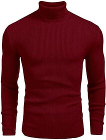 Fashlook Striped High Neck Pure Cotton Casual Maroon Full Sleeve T-Shirt For Mens
