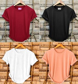 Fashlook Solid Round Neck Polyester Casual Multicolor Half Sleeve T-Shirt For Mens (Pack of 4)