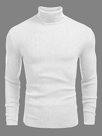Fashlook Striped High Neck Pure Cotton Casual White Full Sleeve T-Shirt For Mens