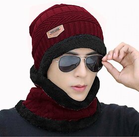 Fashlook Woolen Maroon Casual Winter Cap