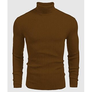 Fashlook Striped High Neck Wool Blend Casual Brown Full Sleeve T-Shirt For Mens