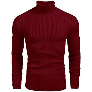 Fashlook Striped High Neck Pure Cotton Casual Maroon Full Sleeve T-Shirt For Mens