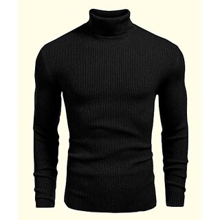 Fashlook Solid High Neck Pure Cotton Casual Black Full Sleeve T-Shirt For Mens
