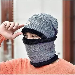 Fashlook Woolen Grey Casual Winter Cap