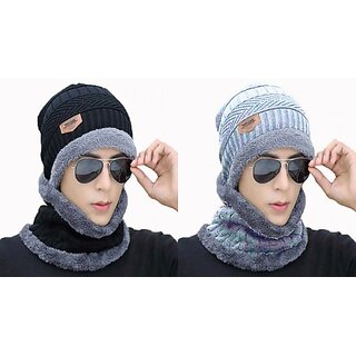 Fashlook Woolen Black, Grey Casual Winter Cap (Pack of 2)
