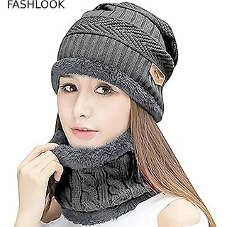 Fashlook Woolen Grey Casual Winter Cap