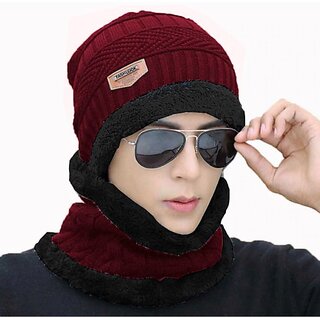 Fashlook Woolen Maroon Casual Winter Cap