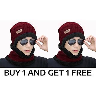 Fashlook Woolen Maroon Casual Winter Cap (Pack of 2)