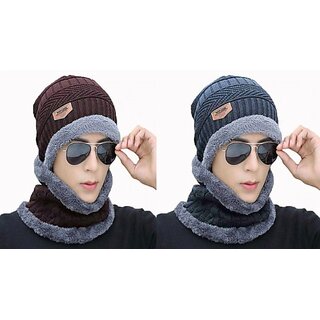 Fashlook Woolen Brown, Grey Casual Winter Cap (Pack of 2)