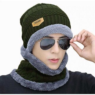Fashlook Woolen Dark Green Casual Winter Cap