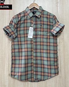 Fashlook Checkered Curved Collar Regular Fit Cotton Blend Casual Green Shirt For Mens