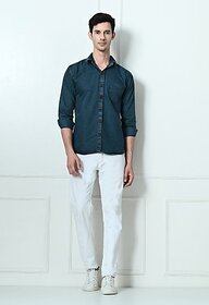 Fashlook Solid Curved Collar Regular Fit Cotton Blend Casual Green Shirt For Mens