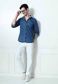 Fashlook Solid Curved Collar Regular Fit Cotton Blend Casual Blue Shirt For Mens
