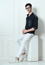 Fashlook Solid Curved Collar Regular Fit Cotton Blend Casual Navy Shirt For Mens
