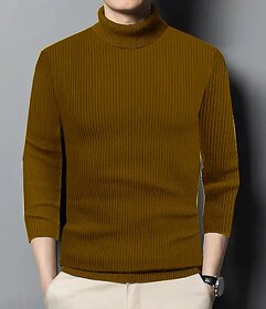Fashlook Solid High Neck Wool Blend Full Sleeve Brown T-Shirt For Mens