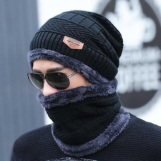 Fashlook Unisex Woolen Black Casual Winter Cap With Neck Warmer