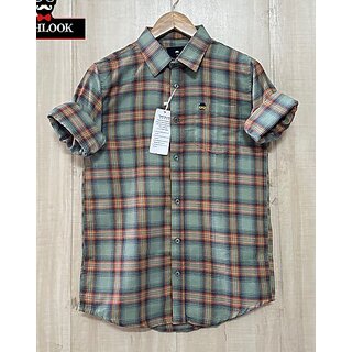 Fashlook Checkered Curved Collar Regular Fit Cotton Blend Casual Green Shirt For Mens