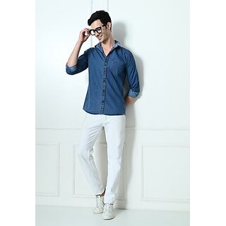 Fashlook Solid Curved Collar Regular Fit Cotton Blend Casual Blue Shirt For Mens