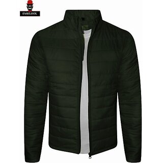 Fashlook Full Sleeve Solid Fluffy Dark Green Jacket For Mens