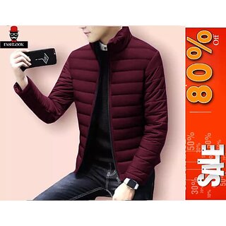 Fashlook Full Sleeve Solid Fluffy Maroon Jacket For Mens