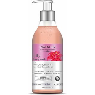 L'avenour Lily Bodywash with Shea Butter, Lily Flower, Jojoba Oil, Vitamin B5  E, SLS  Paraben Free Body Wash For Supple  Soft Skin (300 ml)