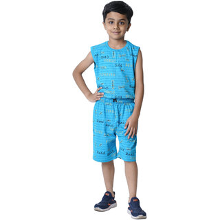 Kid Kupboard Cotton Boys T-Shirt and Short Set, Blue, Sleeveless, 7-8 Years KIDS6720