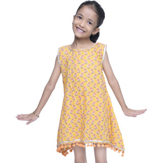 Kid Kupboard Cotton Girls A-Line Frock, Yellow, Sleeveless, 6-7 Years KIDS6776