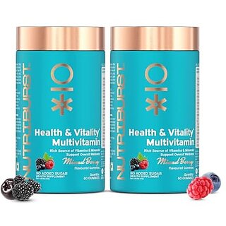 Nutriburst Health  Vitality Gummies with Multi Vitamins A B C D E  Biotin  No-Added Sugar Mixed Berry Flavor 100 Vegetarian (Pack of 2 X 60 Gummy)