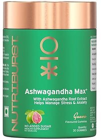 Nutriburst Ashwagandha Max 500mg Gummies for Stress and Anxiety Relief Vigour Energy Power Stamina Relax Refresh Mind Body Guava Flavor Gummies No added sugar 30 Gummy