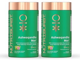 Nutriburst Ashwagandha Max 500mg Gummies for Stress and Anxiety Relief  Vigour Energy Power  Stamina  Relax Refresh Mind  Body  Guava Flavor Gummies No added sugar (Pack of 2 X 60 Gummy)